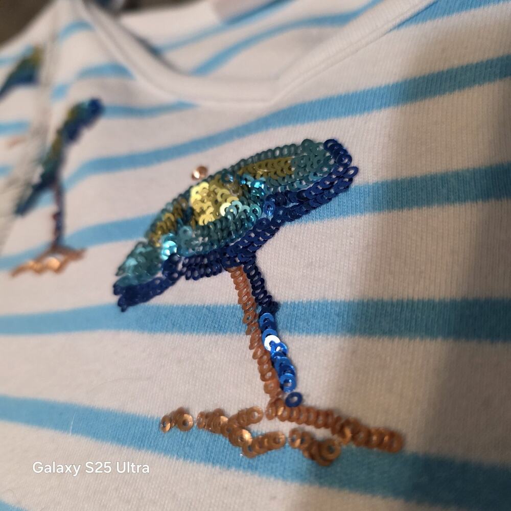 Quacker Factory Blue Striped Shirt Palm Tree sequin beaded Beachy Coastal L - Picture 5 of 11